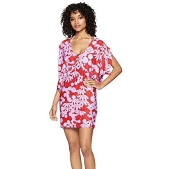 Trina Turk - Red and Purple/Pink Bali Blossoms Tunic Swim Cover Up - size S - Picture 1 of 6